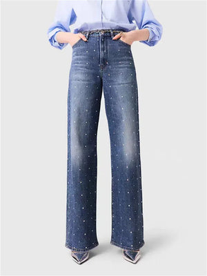 VILZSTUDIOS High Waist Blue Beaded Straight Leg Jeans