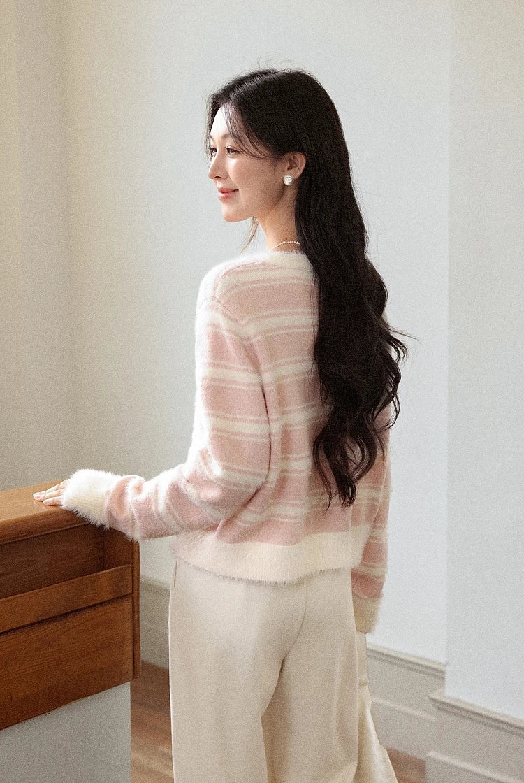 VILZSTUDIOS Classic Pink Striped Plus Size Cardigan