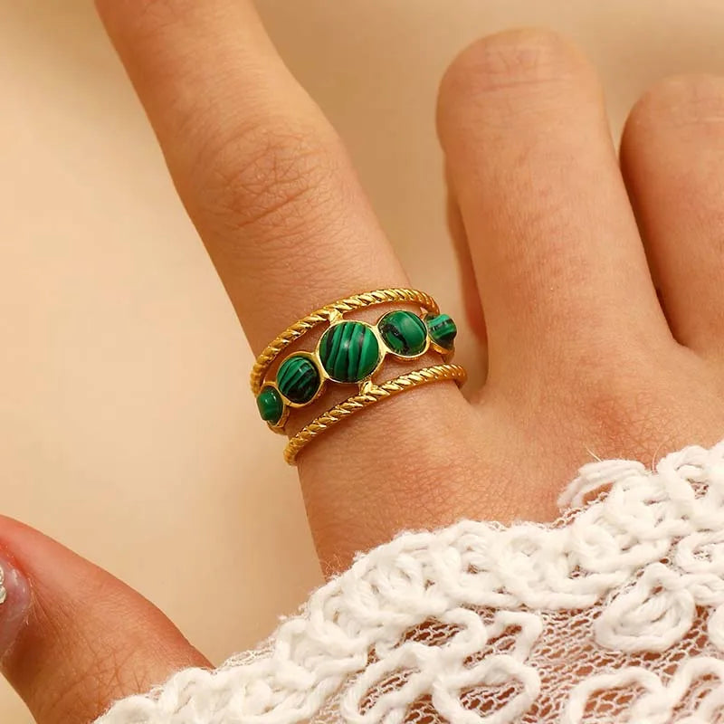 VILZSTUDIOS Stylish Green Malachite Stainless Steel Ring