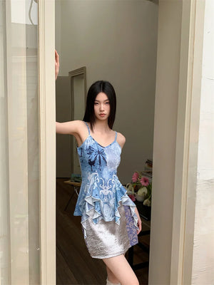 VILZSTUDIOS Blue Ruffles V-Neck Tank Top With Grey Mini Skirt