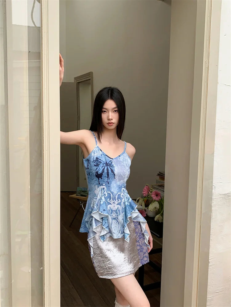 VILZSTUDIOS Blue Ruffles V-Neck Tank Top With Grey Mini Skirt