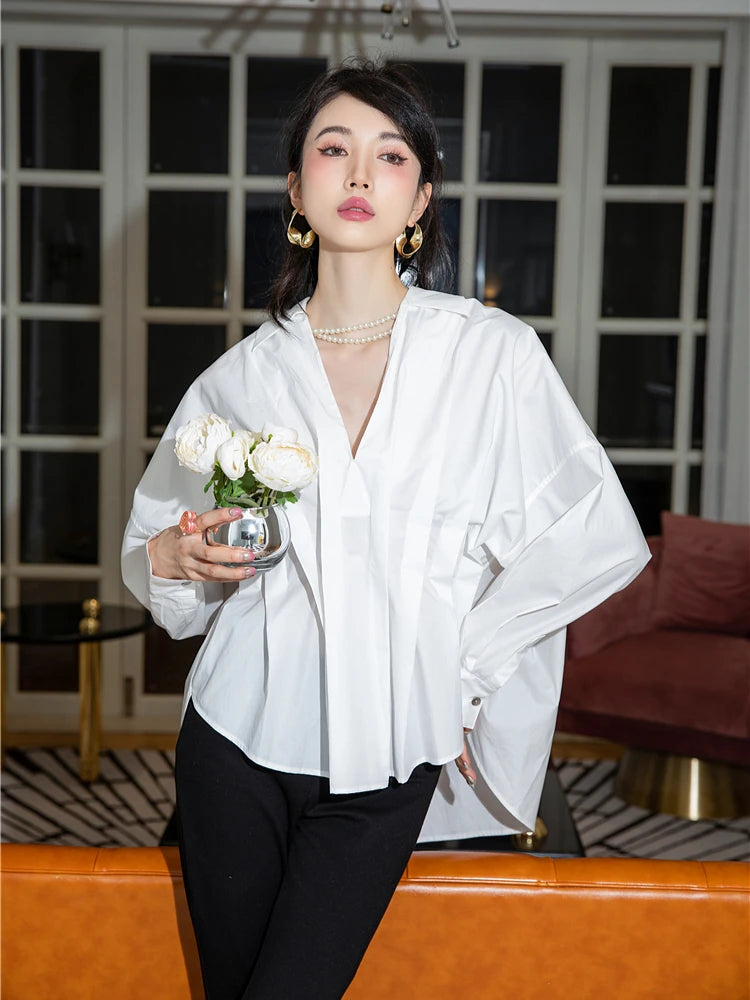 VILZSTUDIOS Elegant White Japanese Style Pleated Blouse