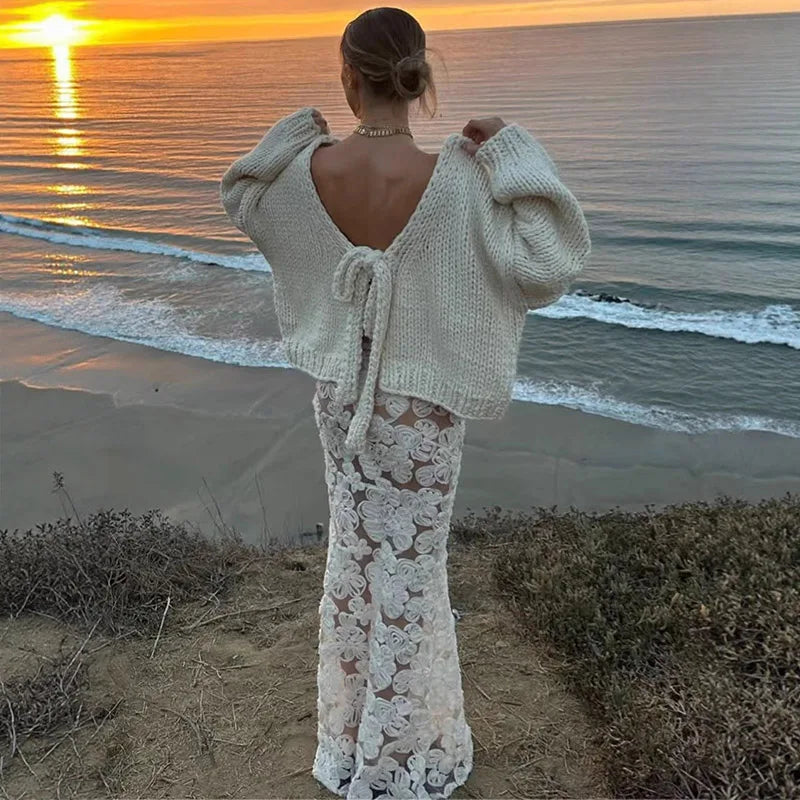 VILZSTUDIOS White Lace-Up Backless Cardigan