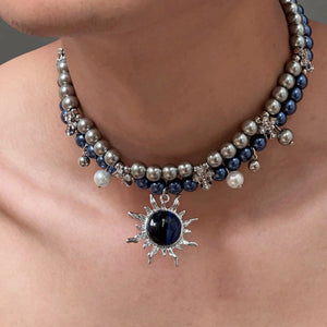 VILZSTUDIOS Gothic Blue Grey Pearl Bead Necklace