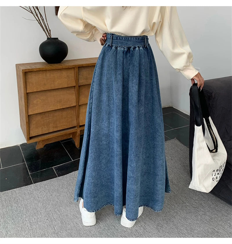 VILZSTUDIOS Vintage Blue Pleated A-Line Denim Skirt