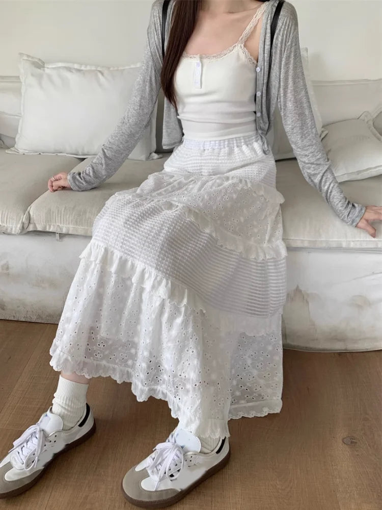 VILZSTUDIOS Elegant White Lace Patchwork Midi Skirt