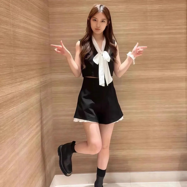 Bowknot Sleeveless Casual Vest & Mini Shorts Sets