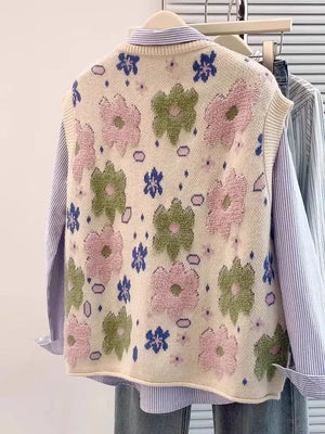 VILZSTUDIOS Cozy Oversized Knitted Floral Sleeveless Cardigan