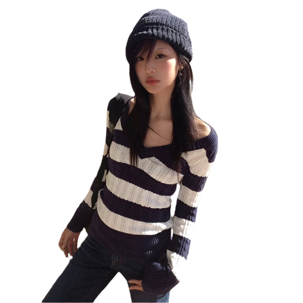 Vintage Japanese Striped V-Neck Sweater