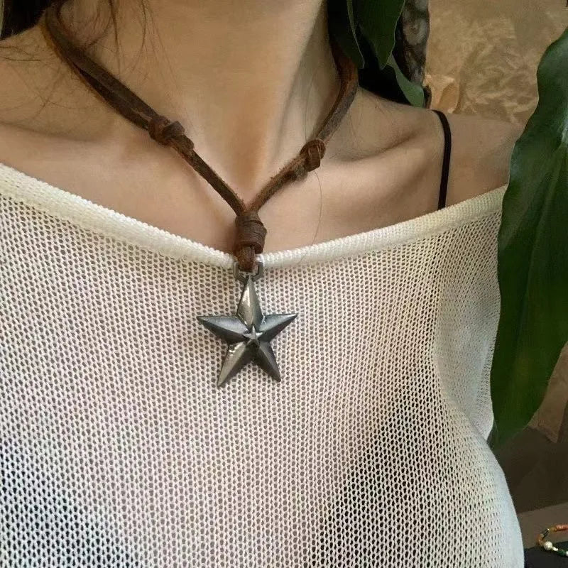 VILZSTUDIOS Punk Star Pendant Leather Rope Necklace