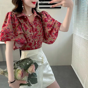 VILZSTUDIOS Light Butterfly Print Short-Sleeve Blouse