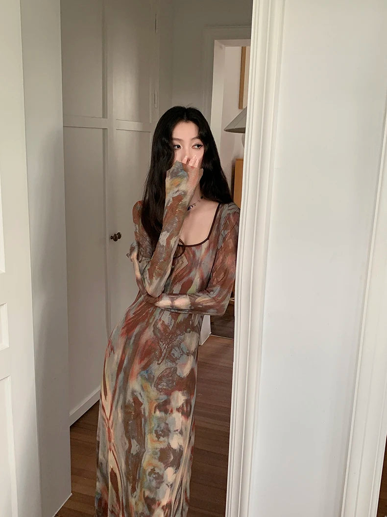 VILZSTUDIOS Brown Abstract Print Long Sleeve Dress
