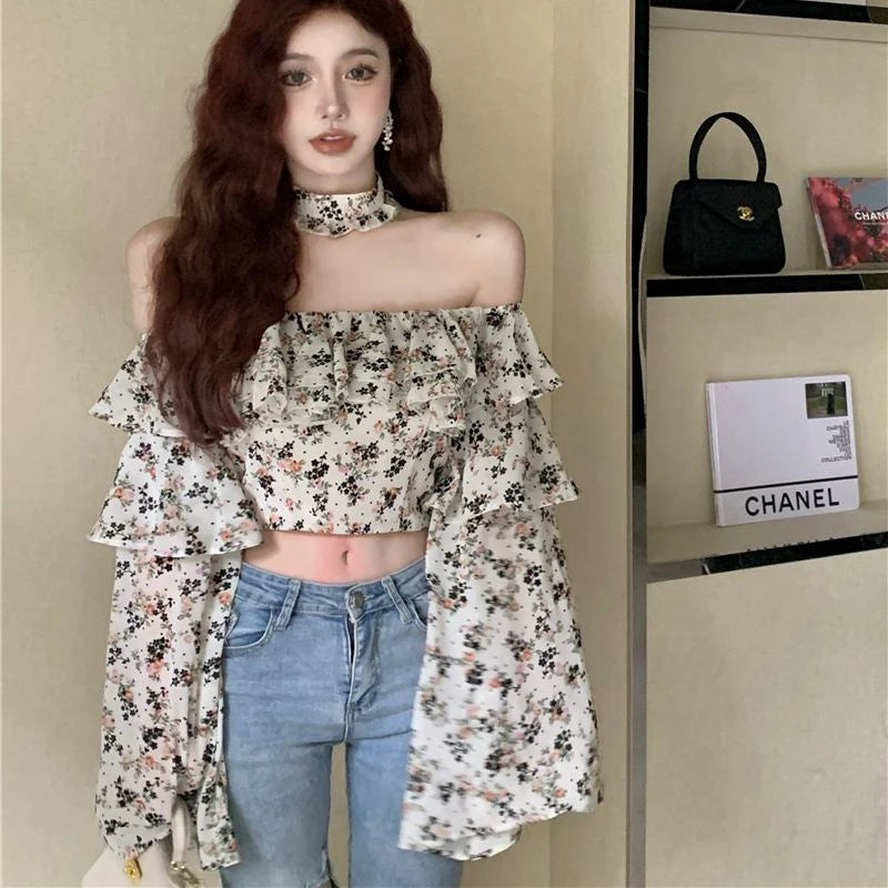 VILZSTUDIOS Retro Floral Ruffled Cropped Chiffon Blouse