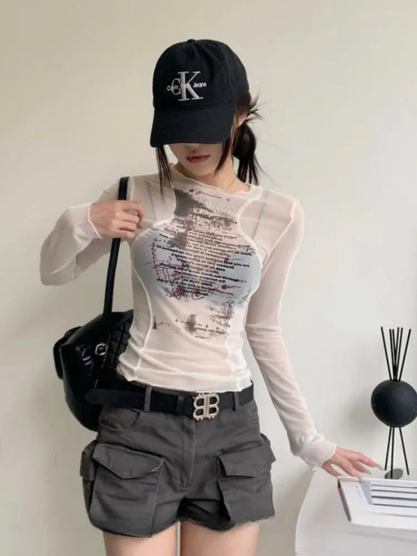 Sheer Mesh Print Slim Fit Top