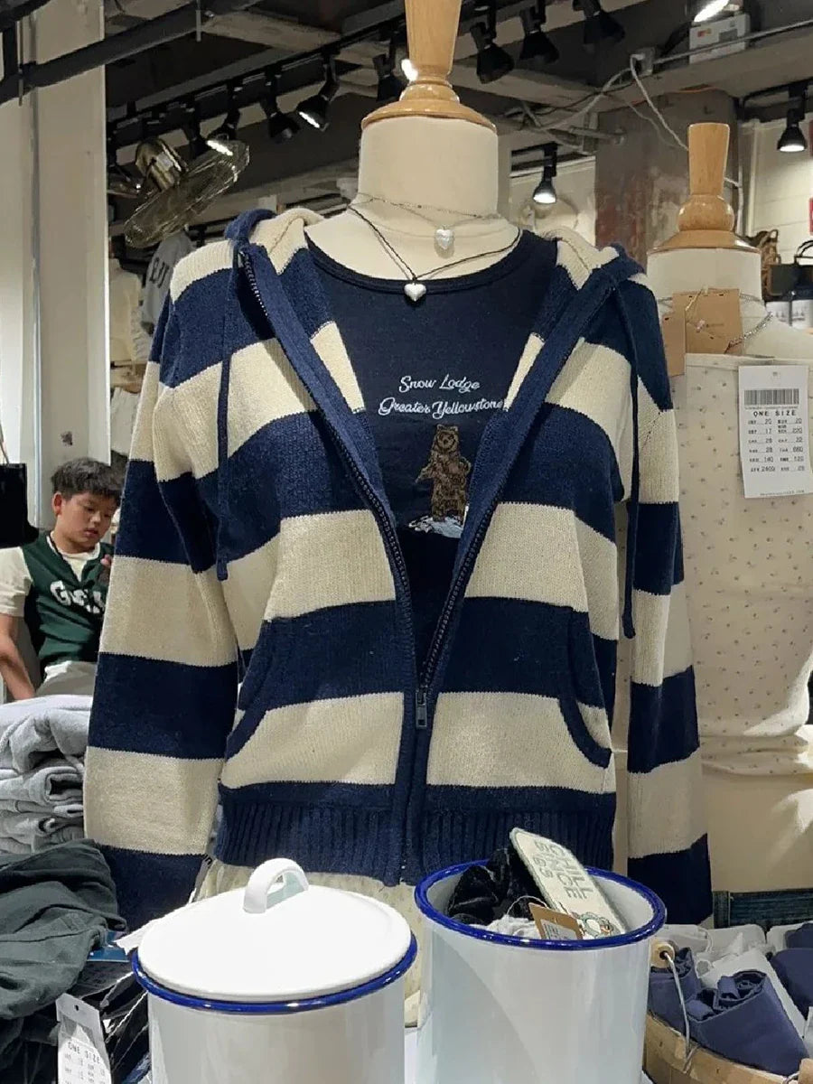 VILZSTUDIOS Cozy Striped Knitted Hooded Cardigan