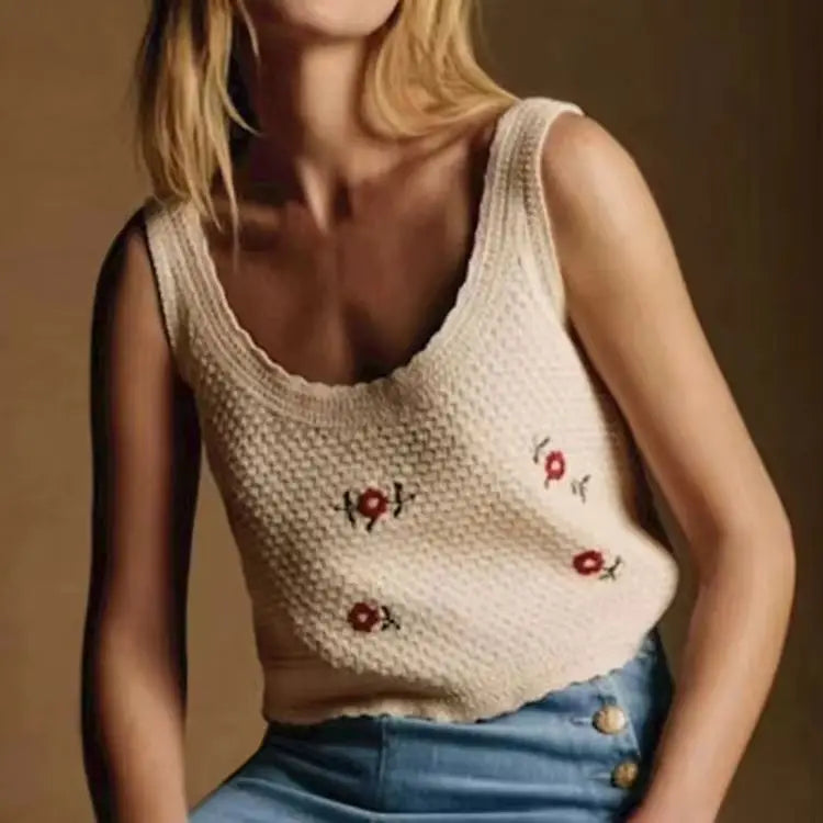 VILZSTUDIOS Flower Embroidered U-Neck Knitwear Sweater