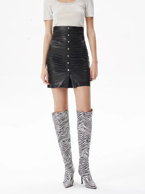 VILZSTUDIOS Luxury Black Ruched Fitted Leather Skirt