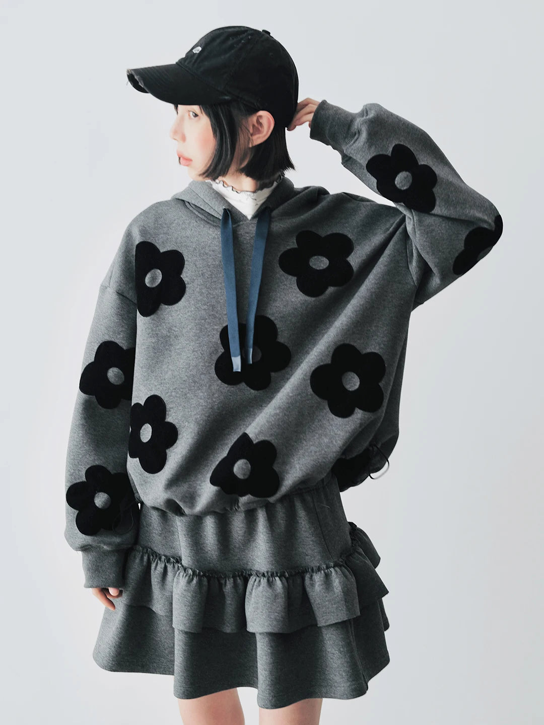 VILZSTUDIOS Gray Floral Patch Long Sleeve Hoodie