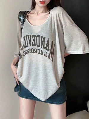 VILZSTUDIOS Sheer Letter Printed Loose T-Shirt