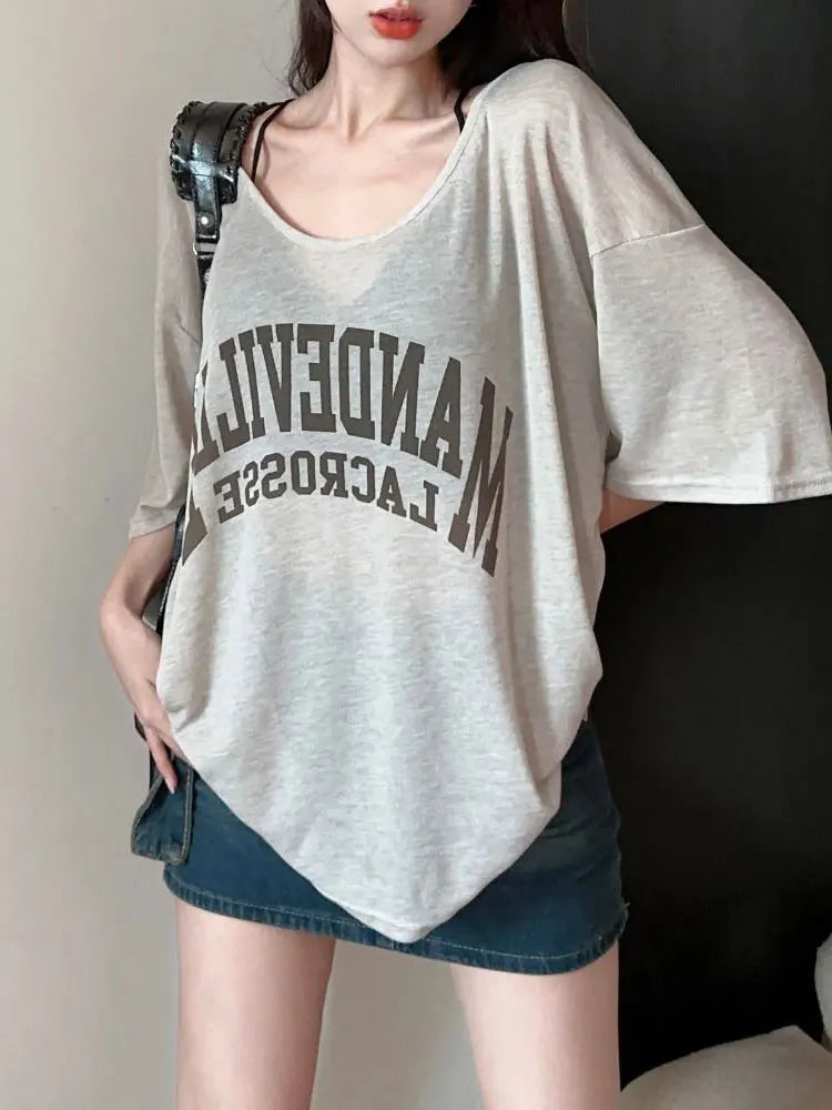 VILZSTUDIOS Sheer Letter Printed Loose T-Shirt