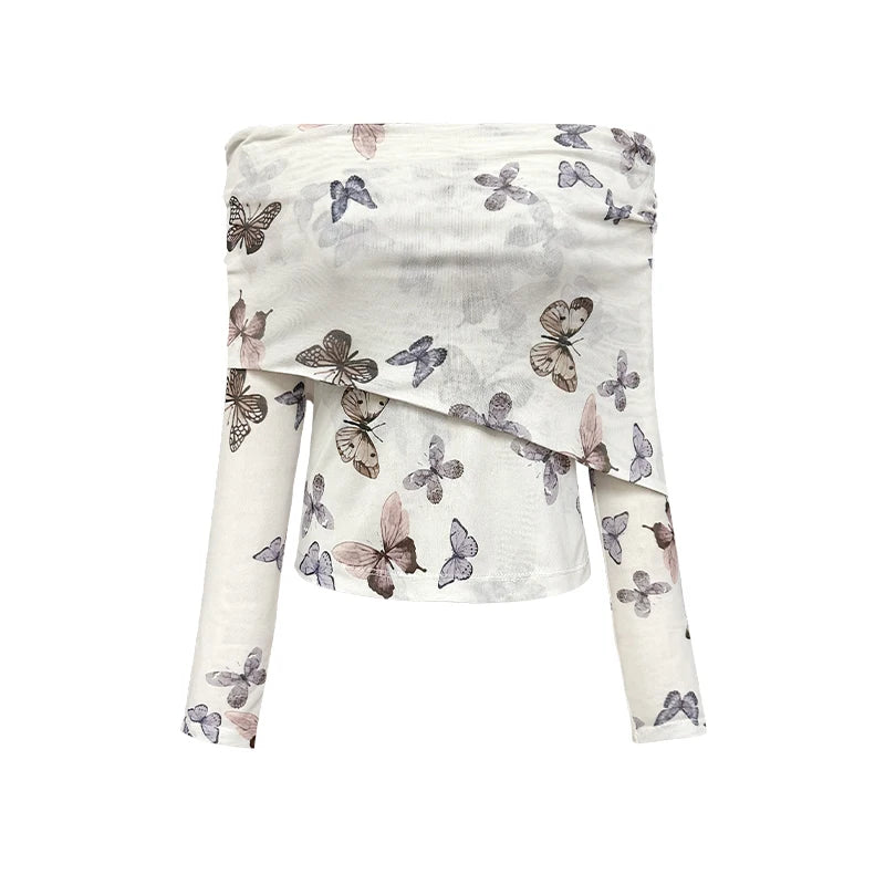 VILZSTUDIOS Butterfly Long Off Shoulder Sleeve Mesh Blouse