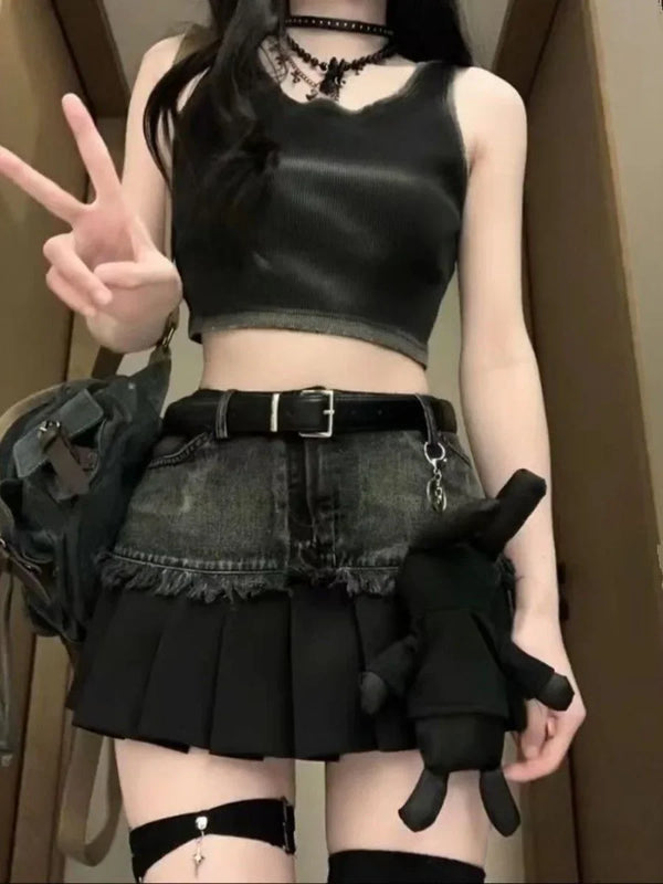 Spicy Gothic Retro Patchwork Pleated Skirt