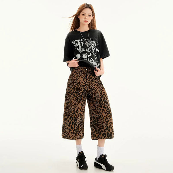 Retro Leopard Print Wide Leg Jeans
