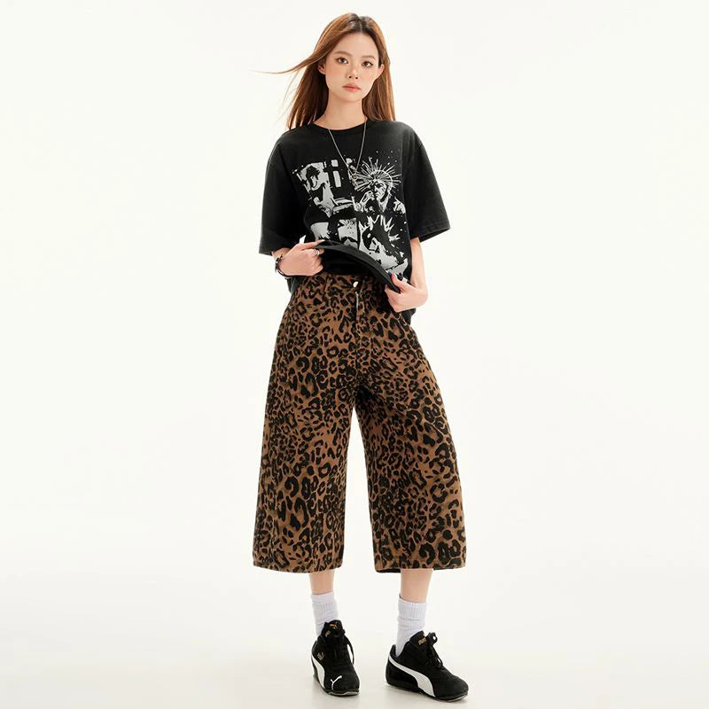 VILZSTUDIOS Retro Leopard Print Wide Leg Jeans