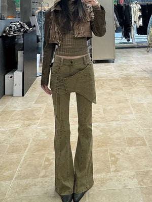 VILZSTUDIOS Vintage Khaki Flare Pants Retro Pants