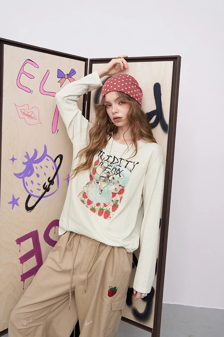 VILZSTUDIOS Strawberry Fox Print Loose Top