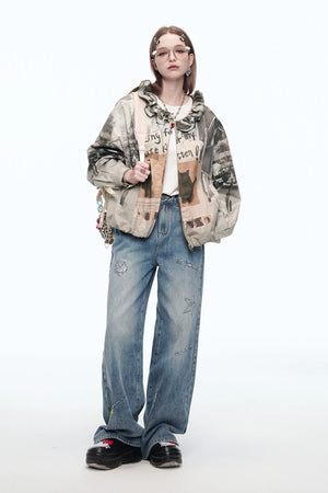 VILZSTUDIOS Retro Cats Print Loose Jacket