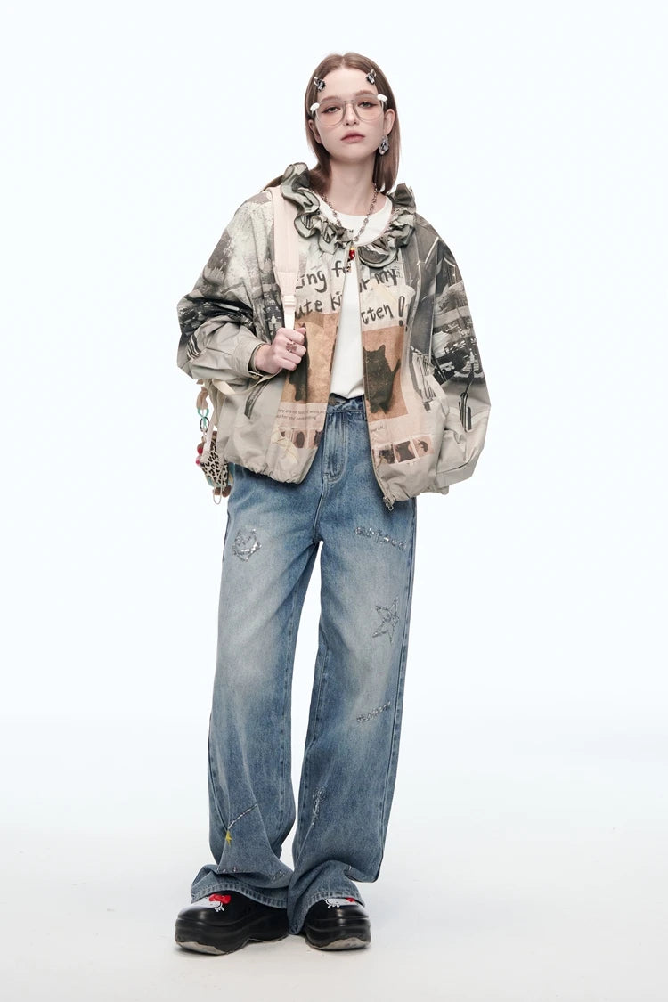 VILZSTUDIOS Retro Cats Print Loose Jacket