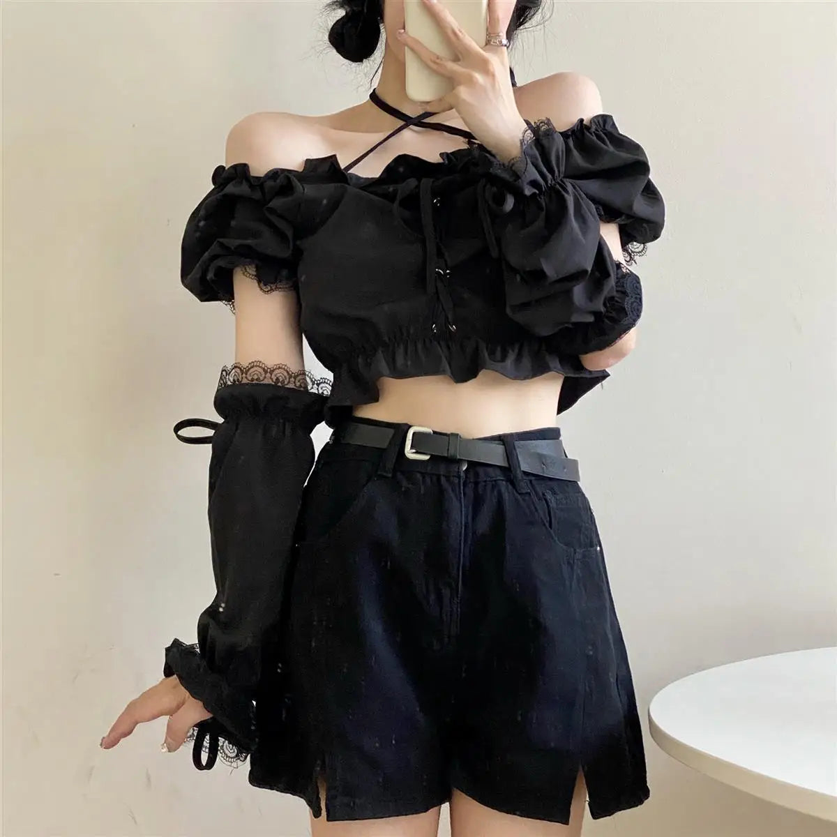 VILZSTUDIOS Gothic Style Removable Sleeve Crop Top