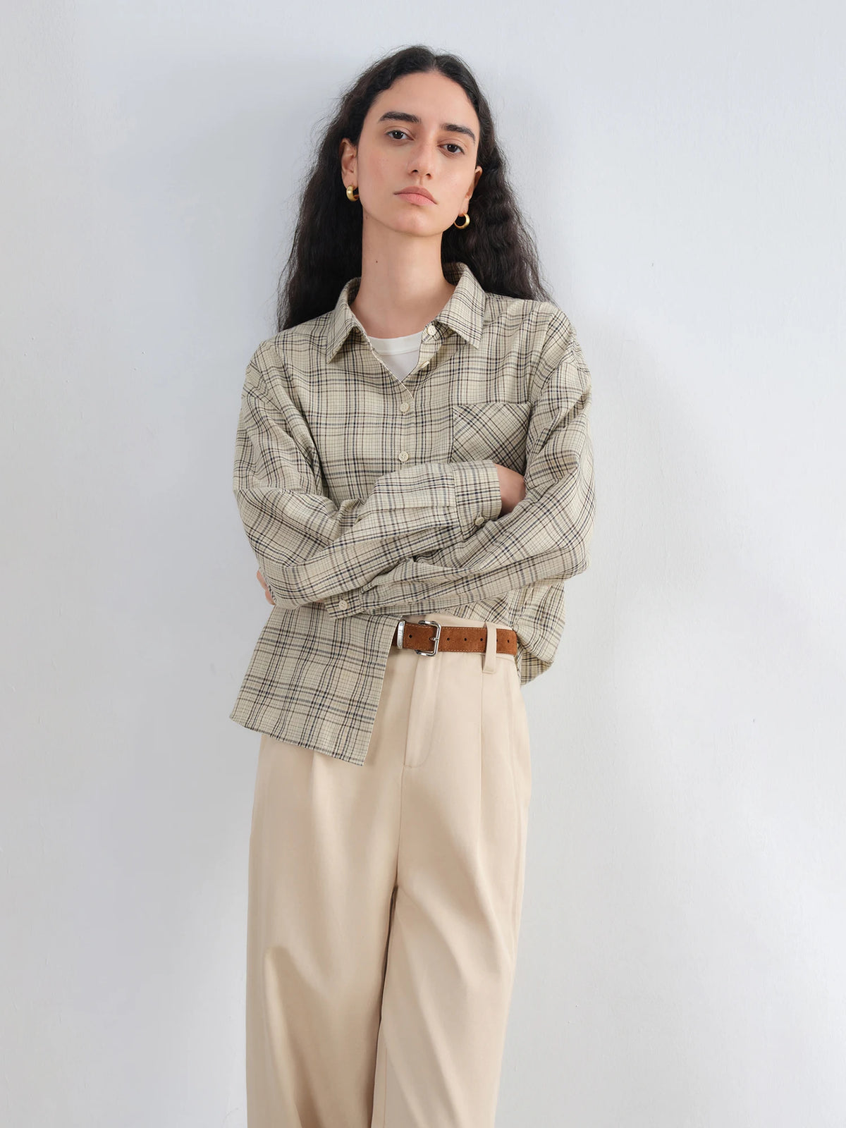 VILZSTUDIOS Retro Plaid Lapel Drop Sleeve Shirt
