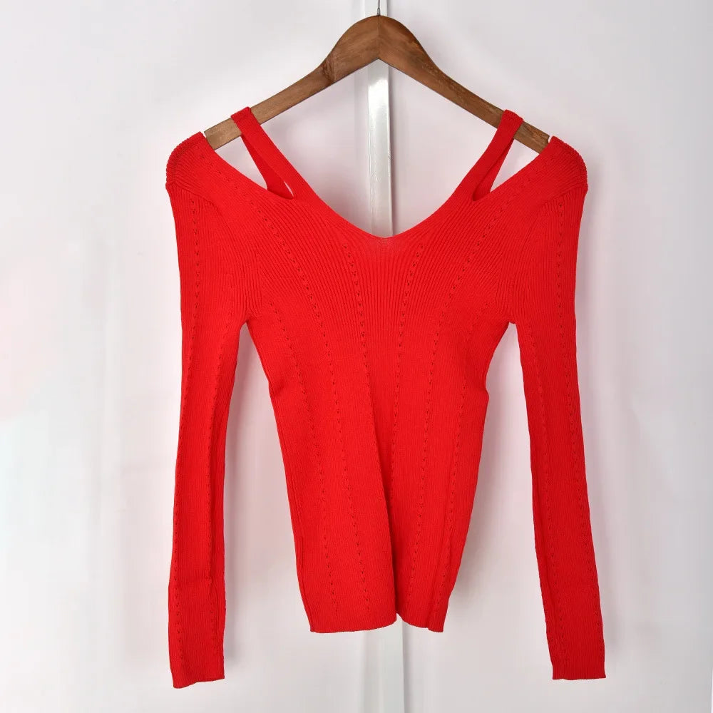 VILZSTUDIOS Light Off Shoulder V Neck Sweater