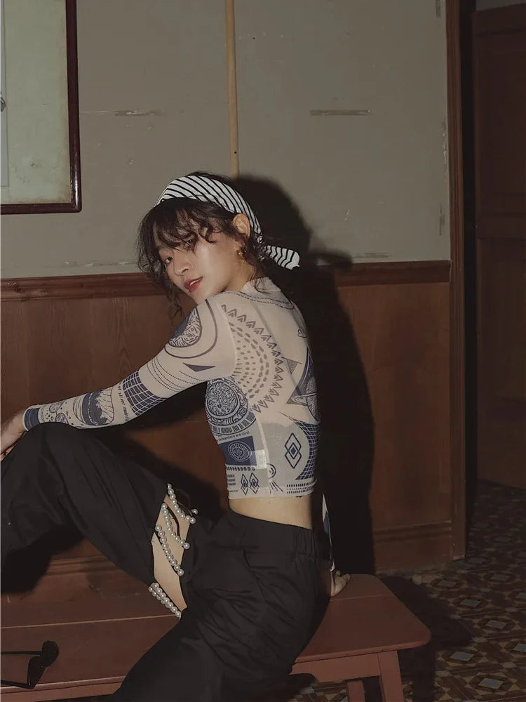 VILZSTUDIOS Sheer Nude Mesh Long Sleeve Crop Top