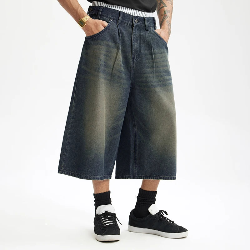 VILZSTUDIOS Faux Two Tone Washed Denim Shorts