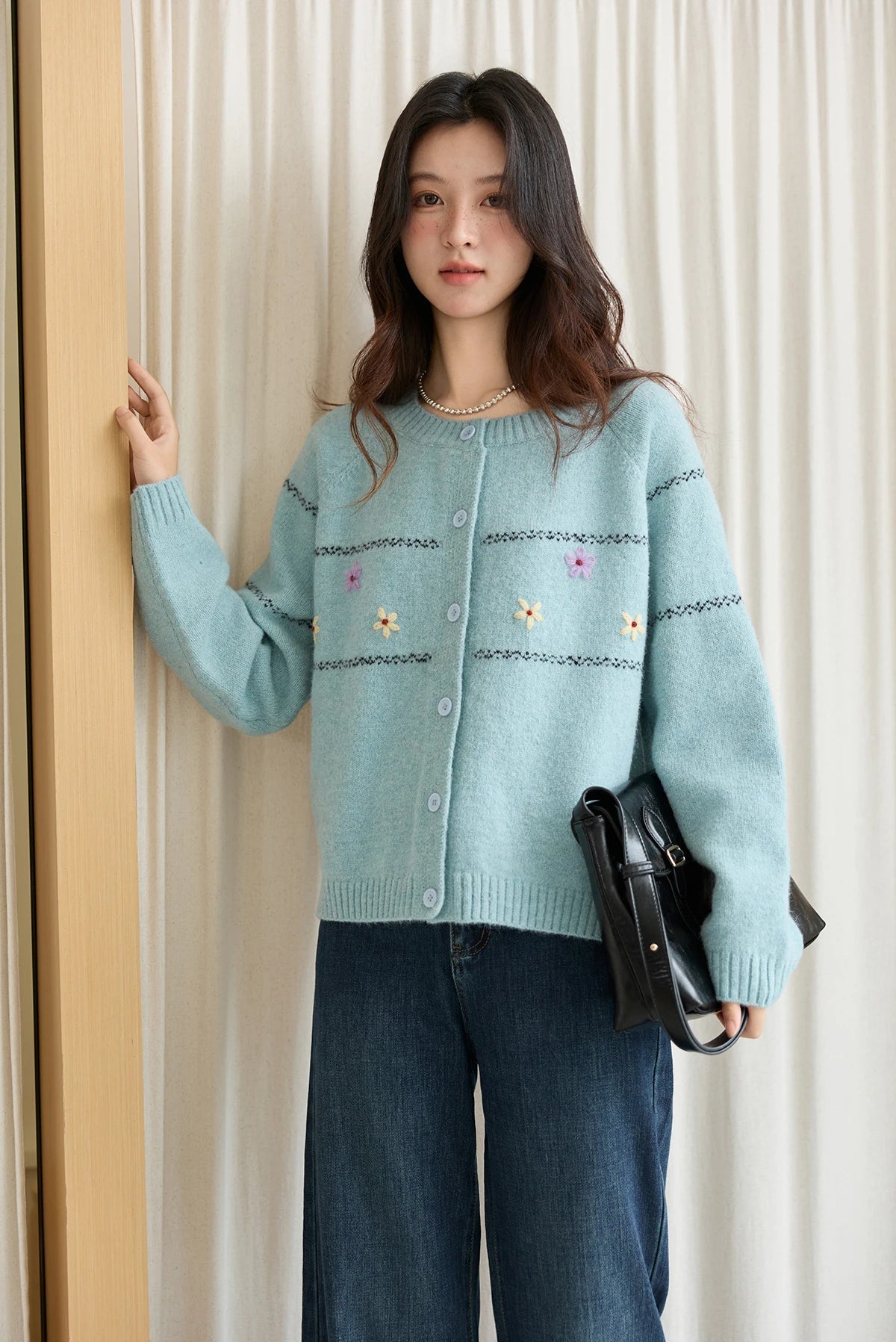 VILZSTUDIOS Blue Knit Floral Cardigan