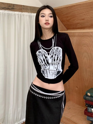 VILZSTUDIOS Black Pearl Print Long Sleeve Cropped Top