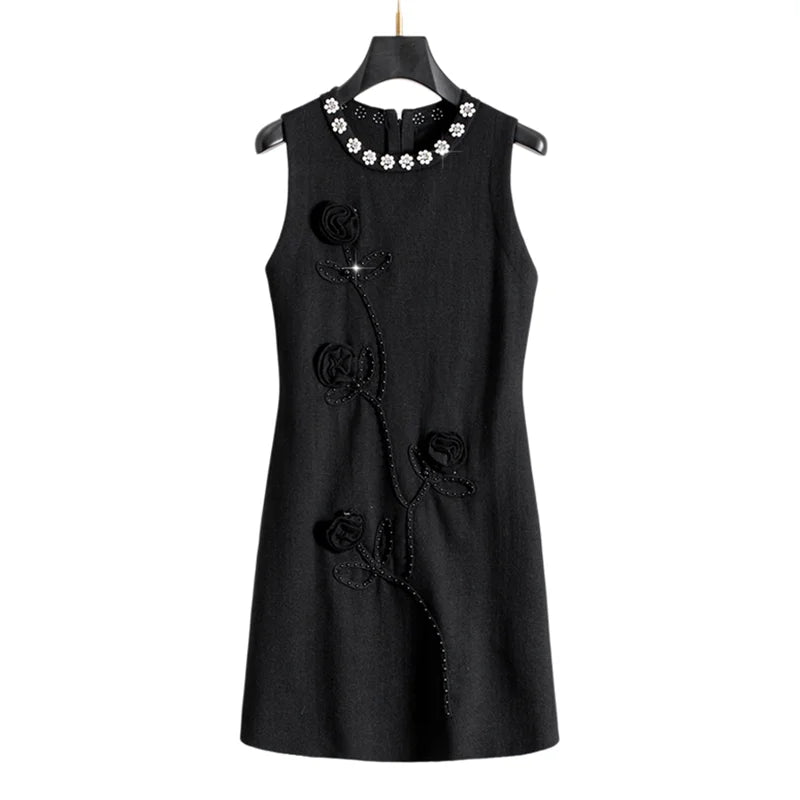 VILZSTUDIOS Luxury Floral Embossed Black Mini Dress