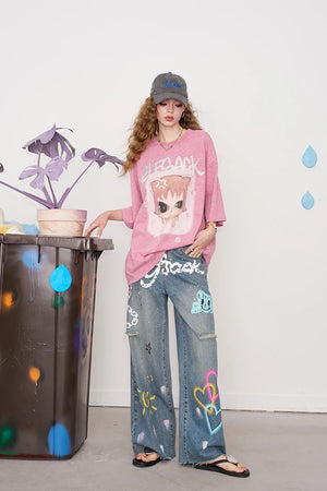 VILZSTUDIOS Whimsical Pink Cartoon Print T-Shirt