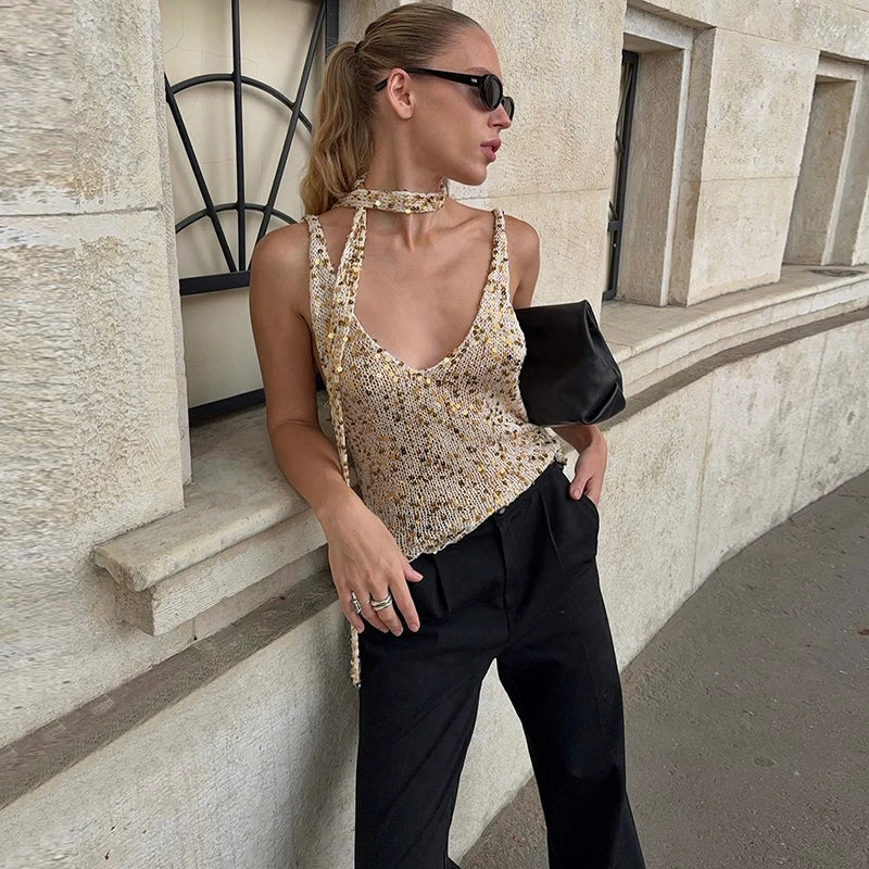 VILZSTUDIOS Sleek Sequin V-Neck Tank Top