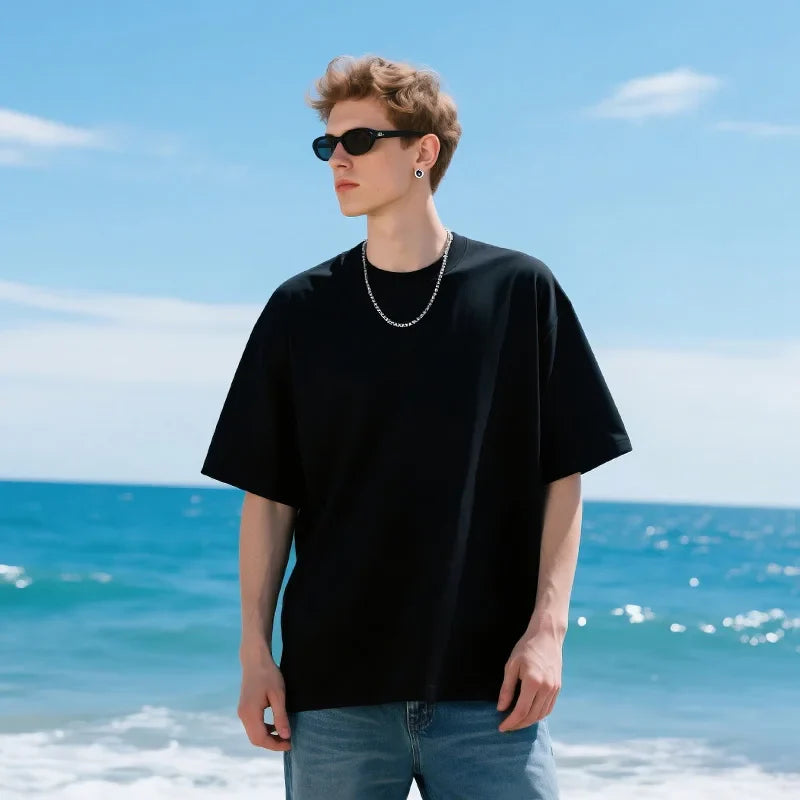 VILZSTUDIOS Black Minimalist Drop Shoulder Cotton T-Shirt