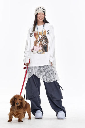 VILZSTUDIOS Cute Casual Puppy Print Long Sleeve Top