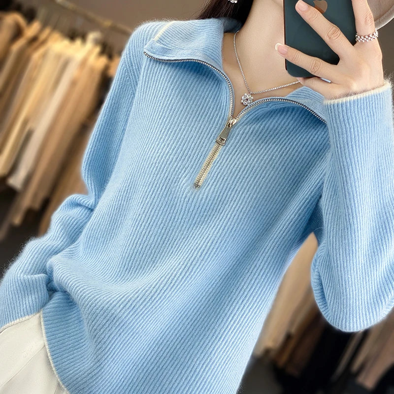 VILZSTUDIOS Cozy Wool Zip-Up Sweater Pullover Womens