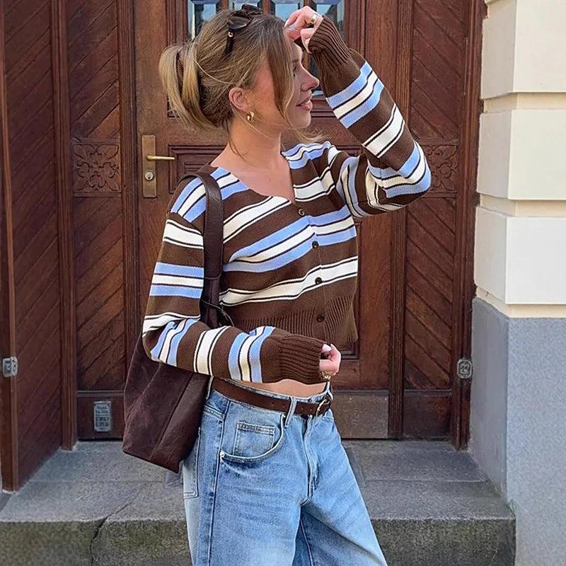 VILZSTUDIOS Retro Striped V-Neck Cardigan