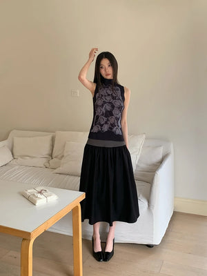 VILZSTUDIOS Floral Black Sleeveless Turtleneck Tank Top