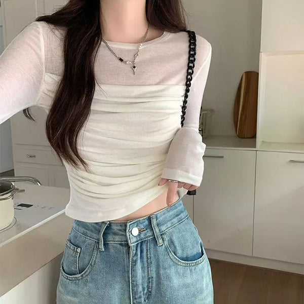 Long Sleeve Mesh Folded Top