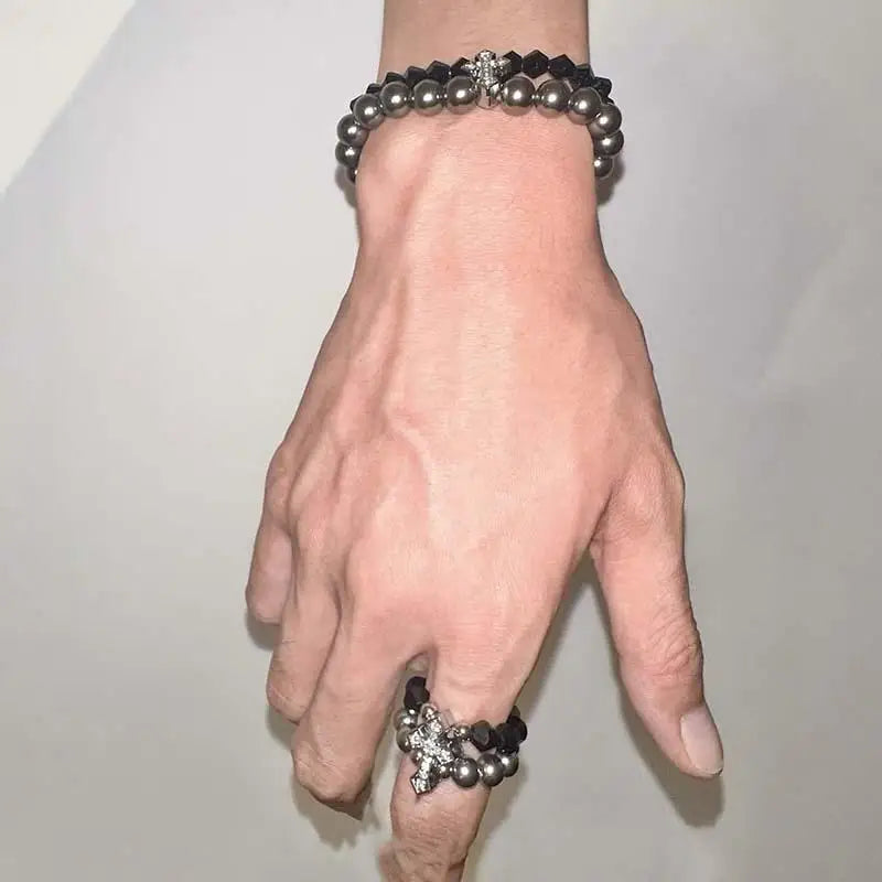 VILZSTUDIOS Rhinestone Cross Rings Gothic Black Ring