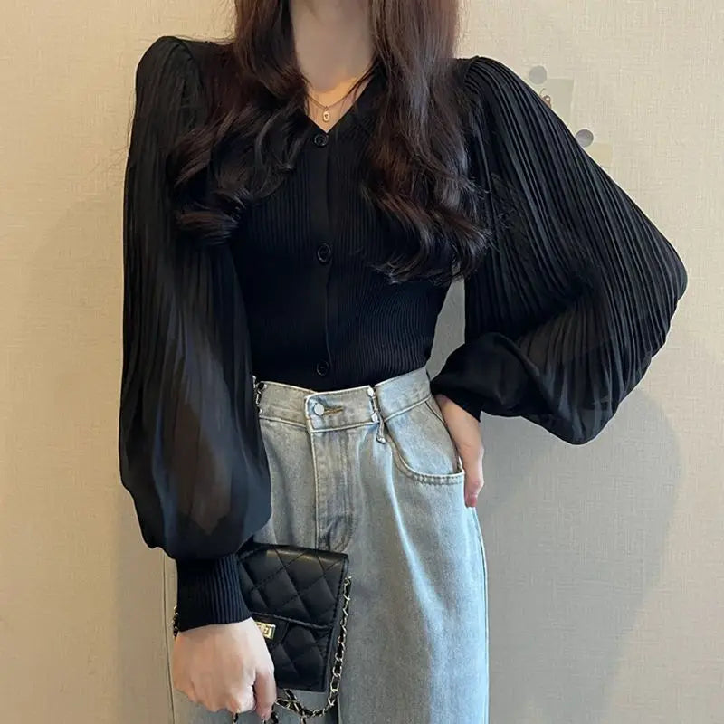 VILZSTUDIOS Stylish Korean Patchwork Chiffon V-Neck Blouse